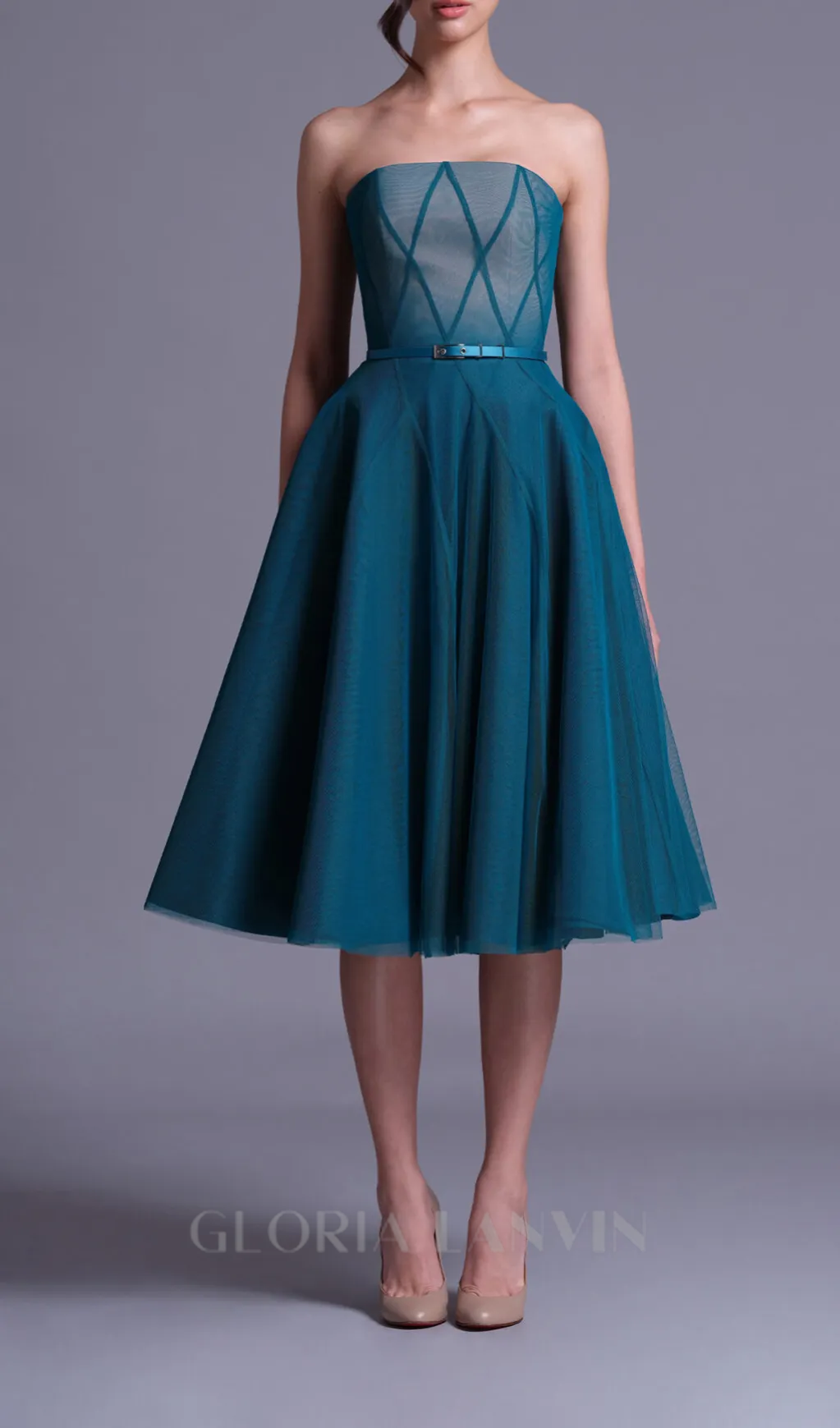 TEAL OMBRE SOFT NET MIDI DRESS Gloria Lanvin