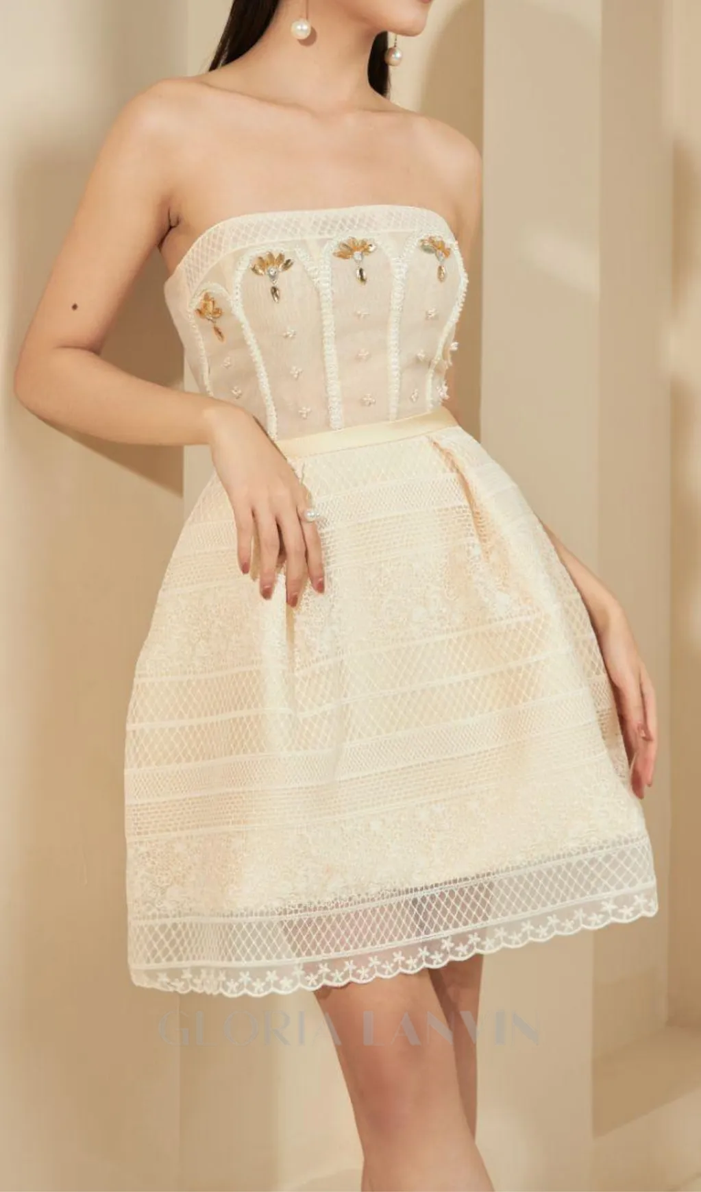 TERESA BEIGE A-LINE STRAIGHT ACROSS NECK LACE MINI DRESS Gloria Lanvin