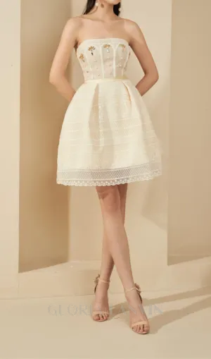 TERESA BEIGE A-LINE STRAIGHT ACROSS NECK LACE MINI DRESS Gloria Lanvin