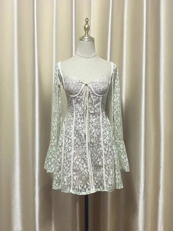 TERESA TRUMPET SLEEVE LACE EMBROIDERY MINI DRESS IN GREEN Gloria Lanvin