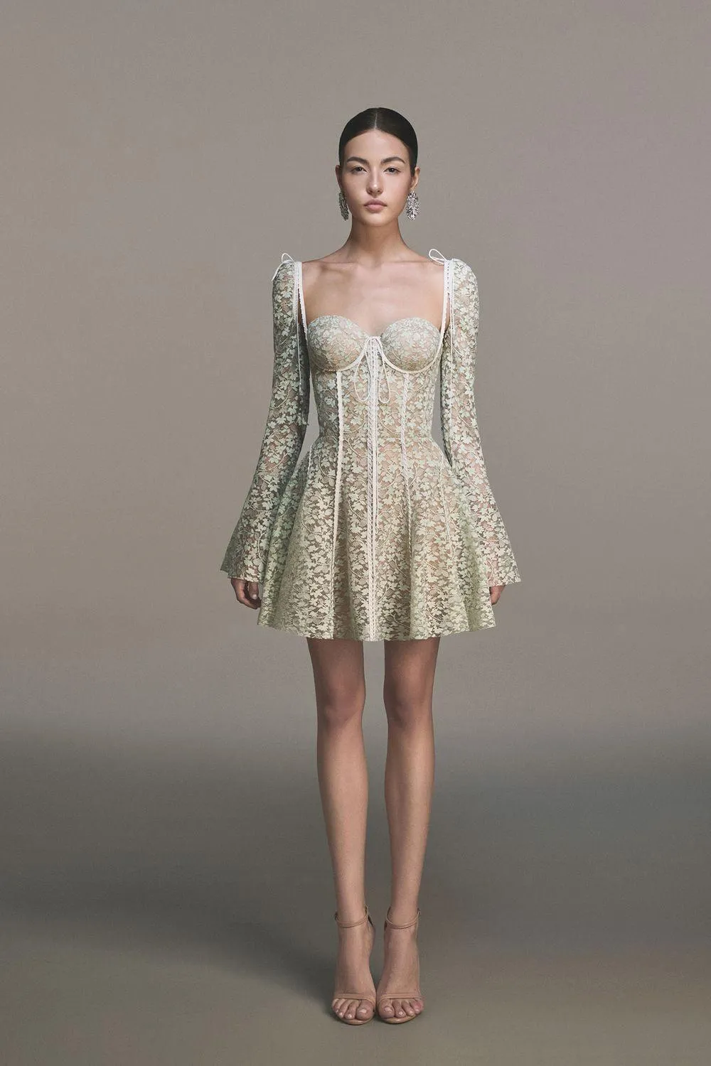 TERESA TRUMPET SLEEVE LACE EMBROIDERY MINI DRESS IN GREEN Gloria Lanvin