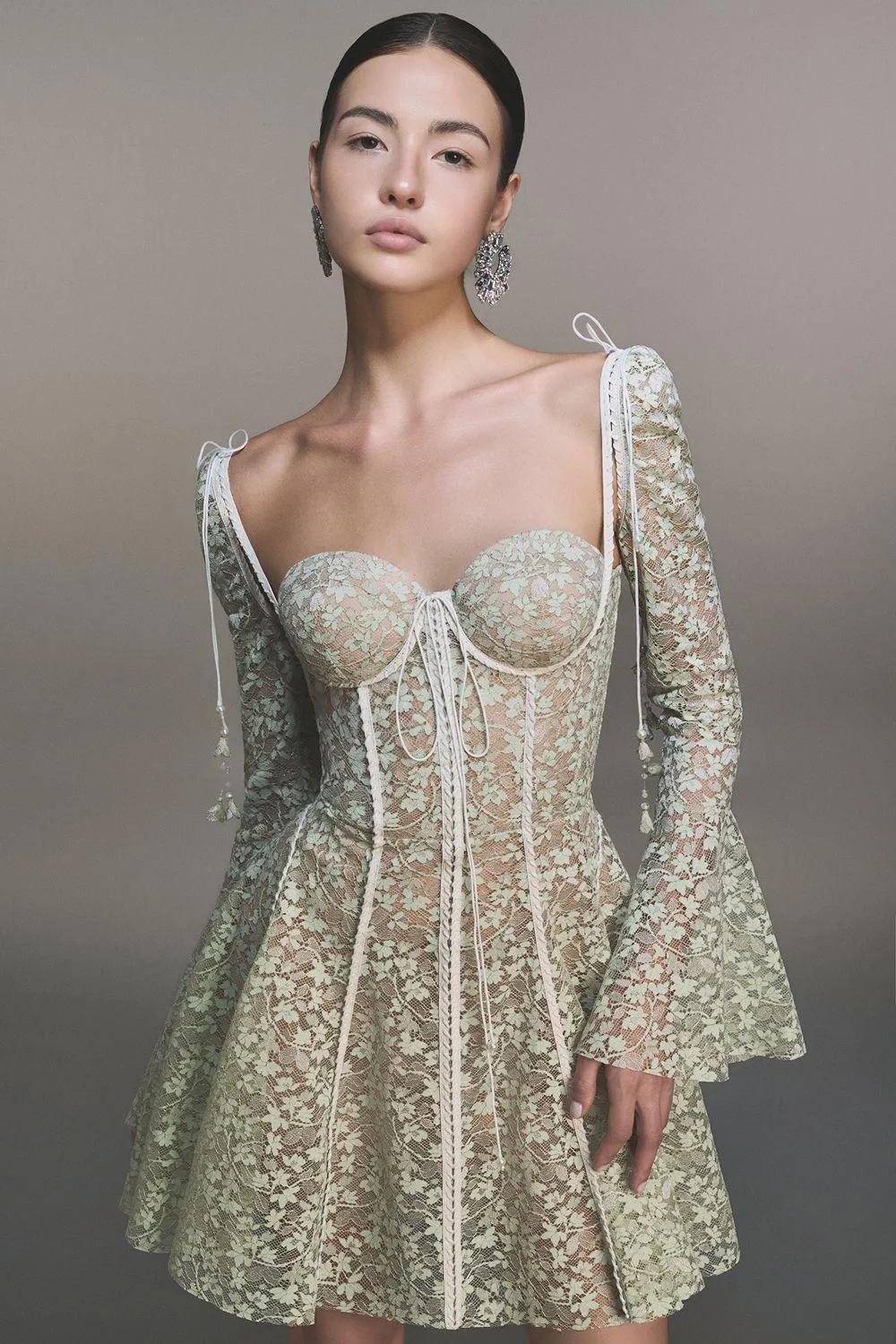 TERESA TRUMPET SLEEVE LACE EMBROIDERY MINI DRESS IN GREEN Gloria Lanvin