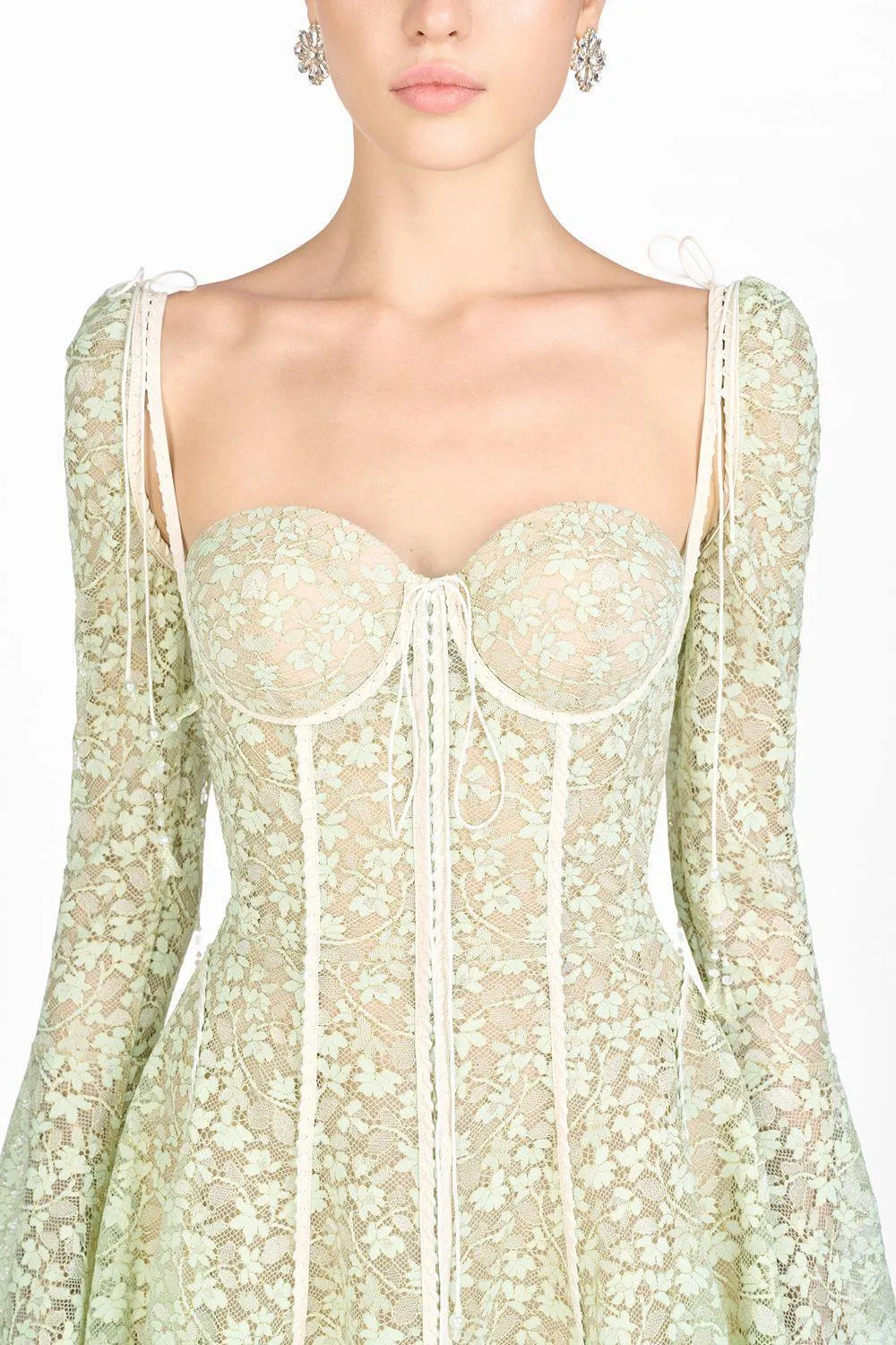 TERESA TRUMPET SLEEVE LACE EMBROIDERY MINI DRESS IN GREEN Gloria Lanvin