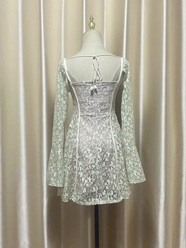 TERESA TRUMPET SLEEVE LACE EMBROIDERY MINI DRESS IN GREEN Gloria Lanvin