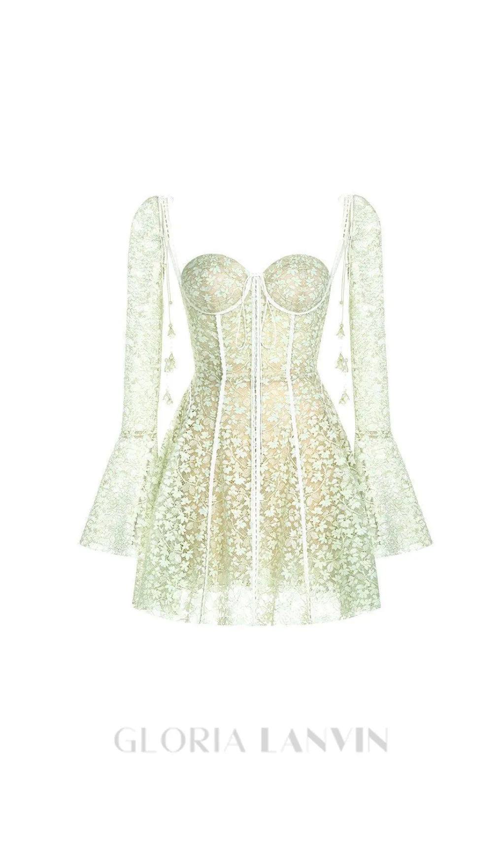 TERESA TRUMPET SLEEVE LACE EMBROIDERY MINI DRESS IN GREEN Gloria Lanvin