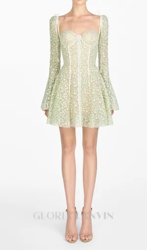 TERESA TRUMPET SLEEVE LACE EMBROIDERY MINI DRESS IN GREEN Gloria Lanvin