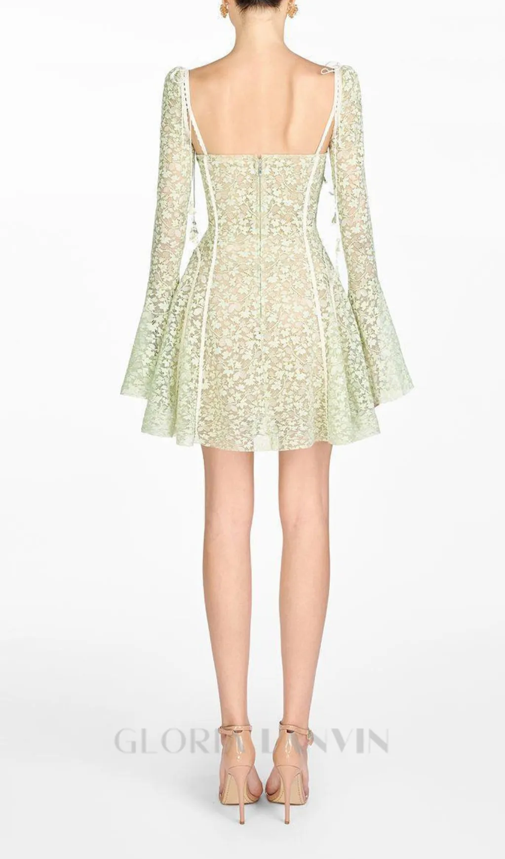 TERESA TRUMPET SLEEVE LACE EMBROIDERY MINI DRESS IN GREEN Gloria Lanvin