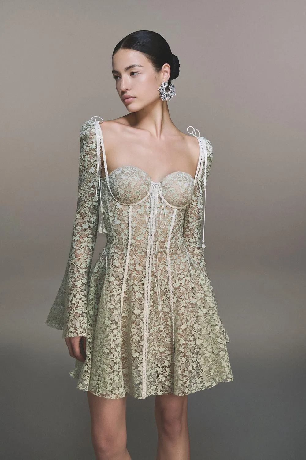 TERESA TRUMPET SLEEVE LACE EMBROIDERY MINI DRESS IN GREEN Gloria Lanvin