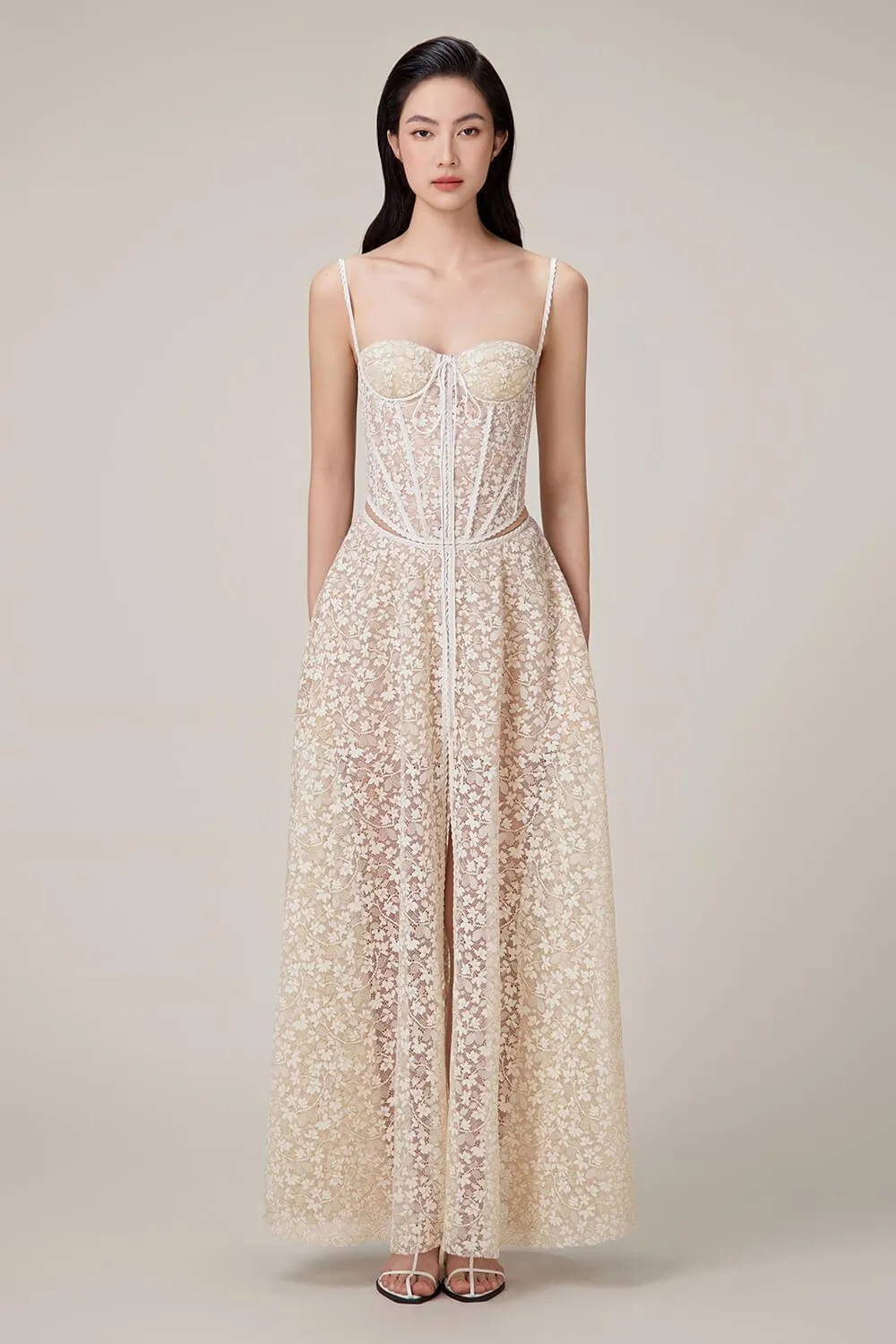 TESS LACE STITCHING HOLLOW SLIT MAXI DRESS IN APRICOT Gloria Lanvin