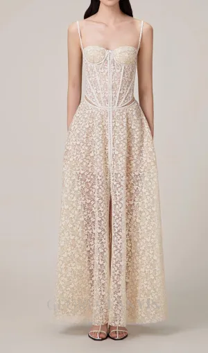 TESS LACE STITCHING HOLLOW SLIT MAXI DRESS IN APRICOT Gloria Lanvin