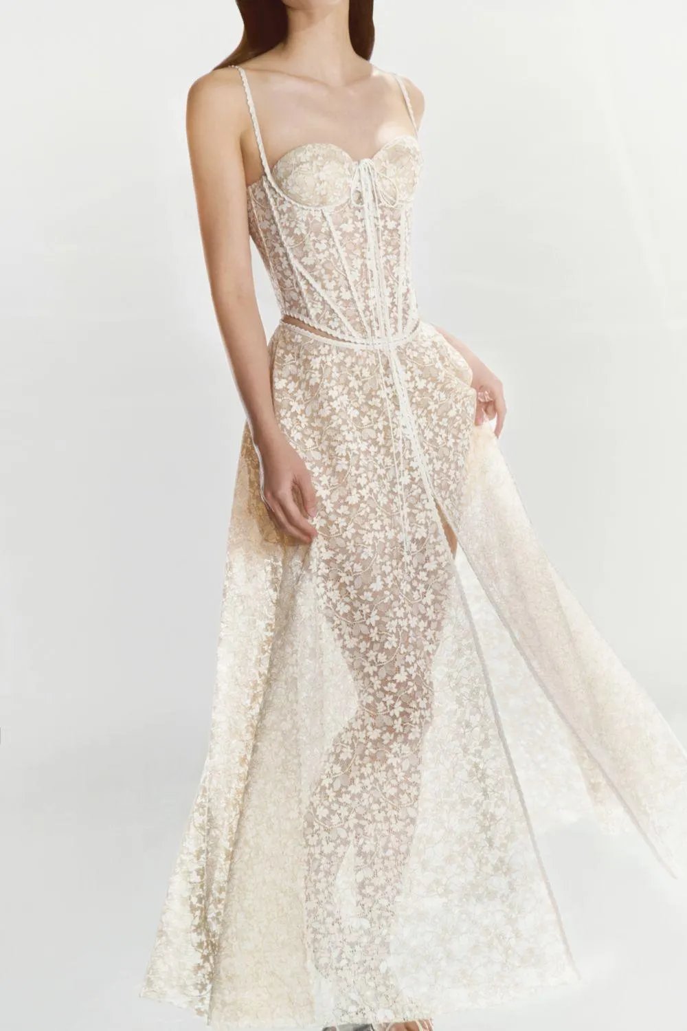 TESS LACE STITCHING HOLLOW SLIT MAXI DRESS IN APRICOT Gloria Lanvin