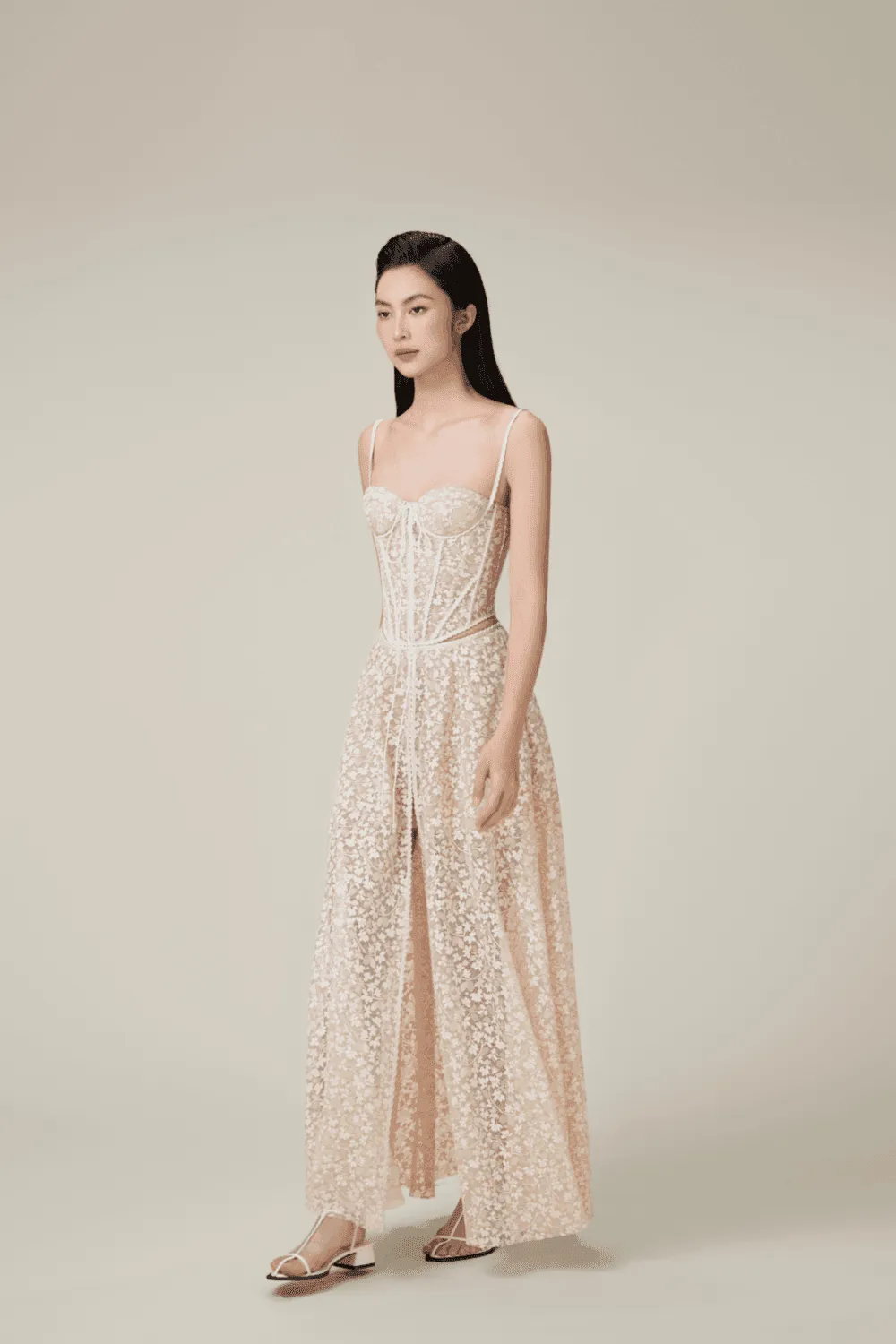 TESS LACE STITCHING HOLLOW SLIT MAXI DRESS IN APRICOT Gloria Lanvin