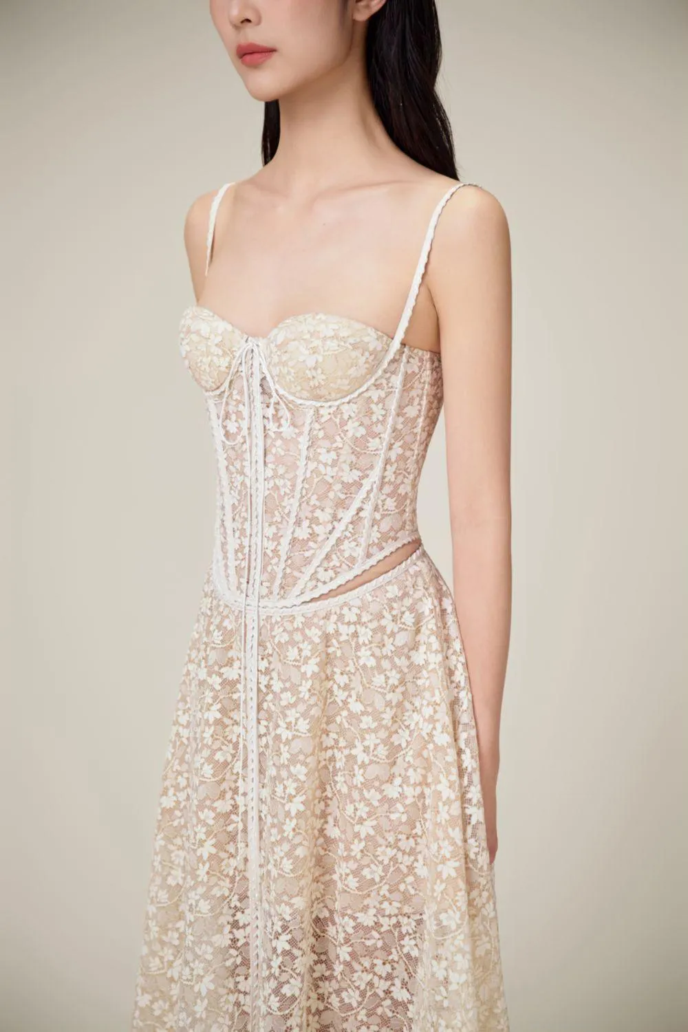 TESS LACE STITCHING HOLLOW SLIT MAXI DRESS IN APRICOT Gloria Lanvin