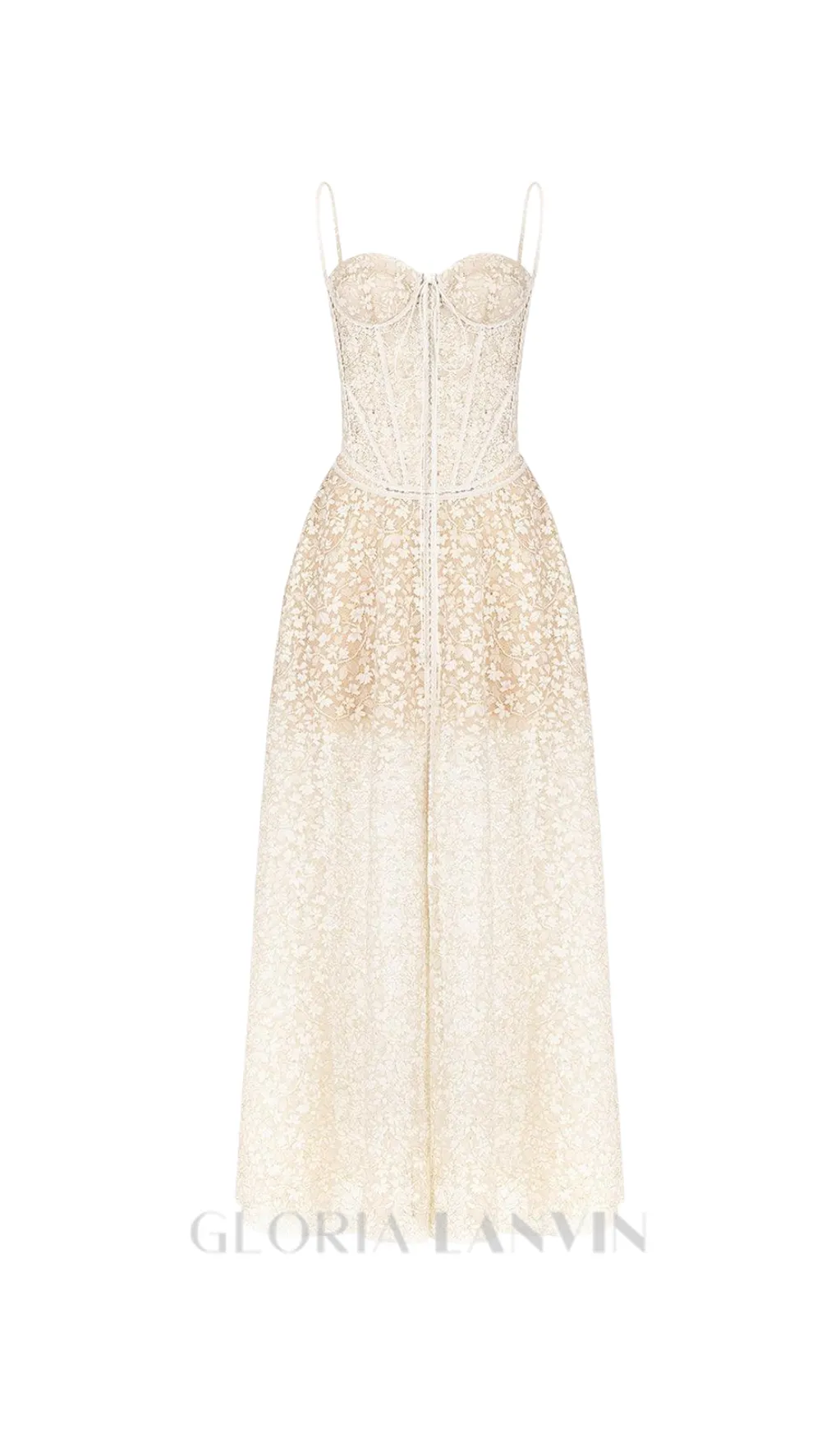 TESS LACE STITCHING HOLLOW SLIT MAXI DRESS IN APRICOT Gloria Lanvin