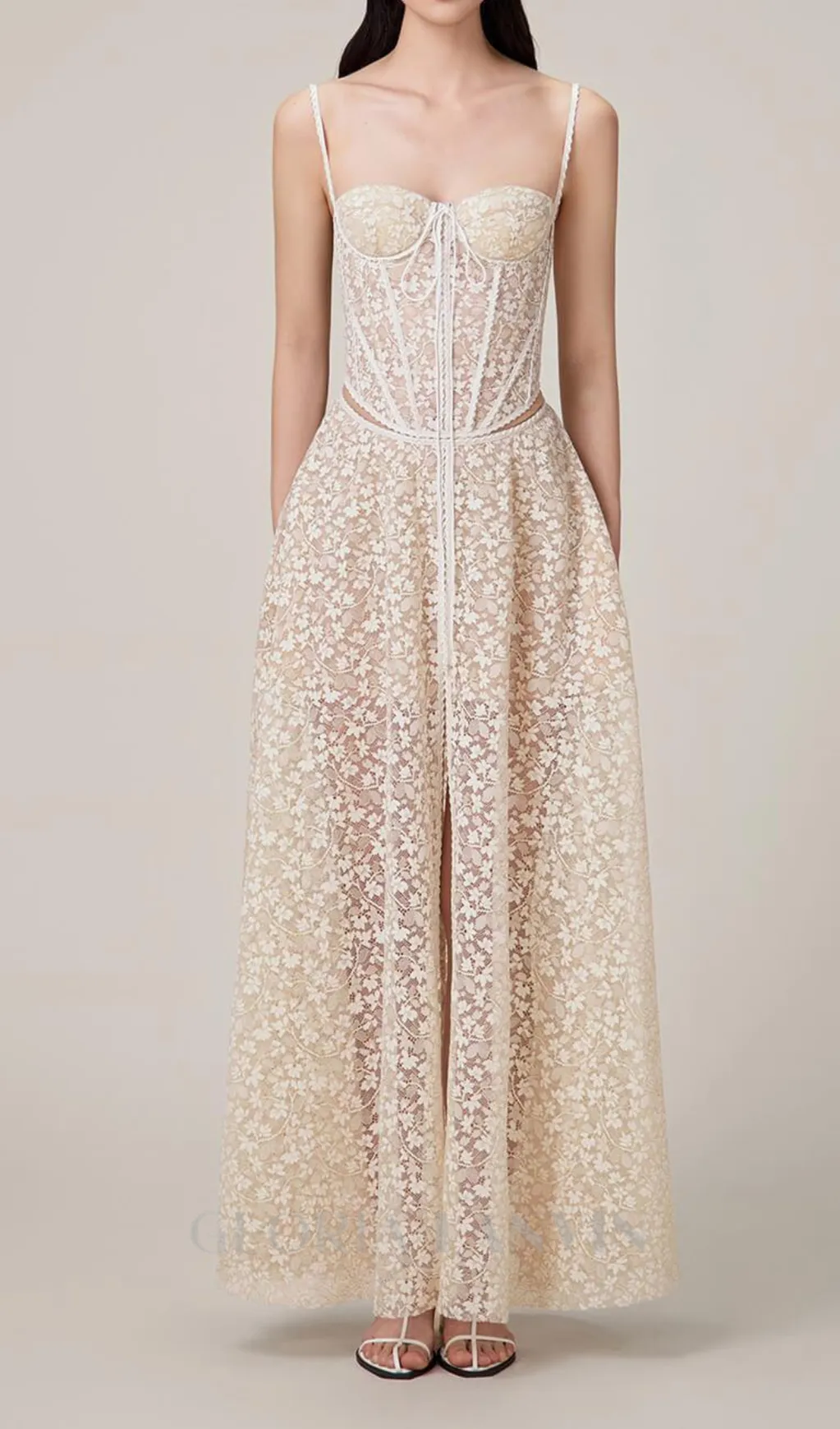TESS LACE STITCHING HOLLOW SLIT MAXI DRESS IN APRICOT Gloria Lanvin
