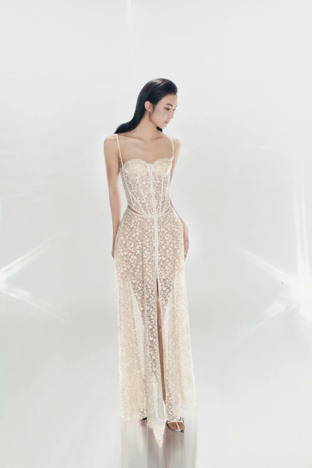 TESS LACE STITCHING HOLLOW SLIT MAXI DRESS IN APRICOT Gloria Lanvin