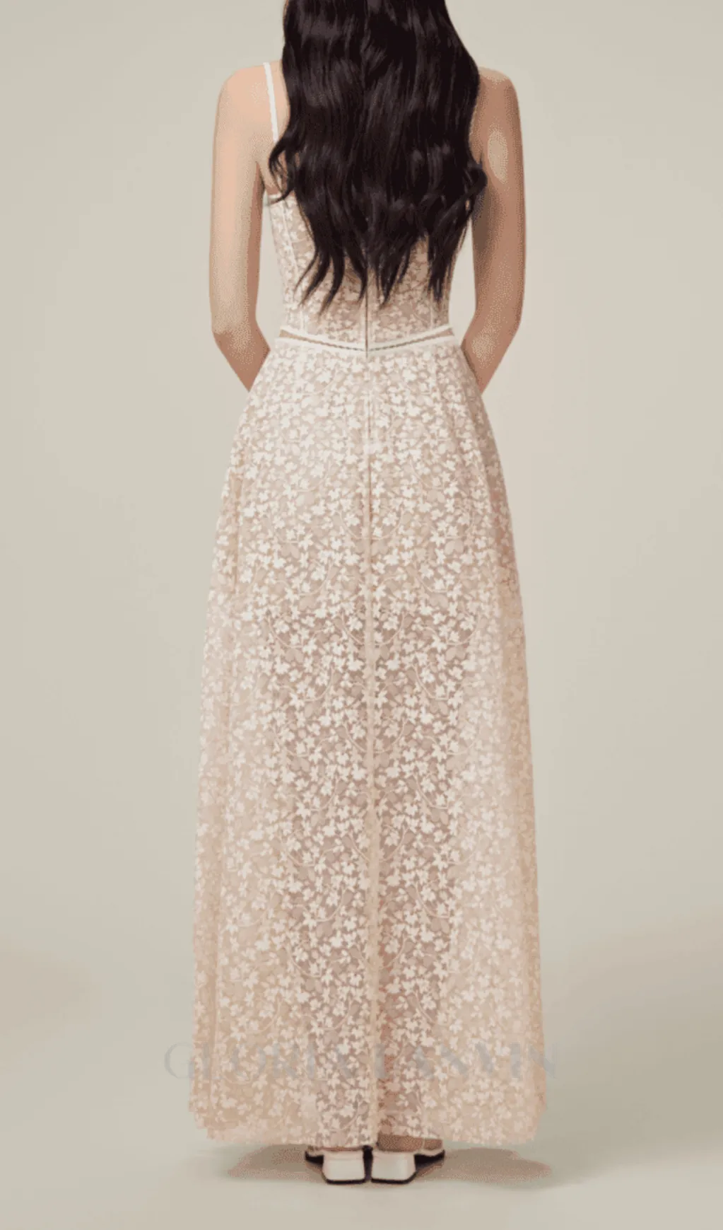 TESS LACE STITCHING HOLLOW SLIT MAXI DRESS IN APRICOT Gloria Lanvin