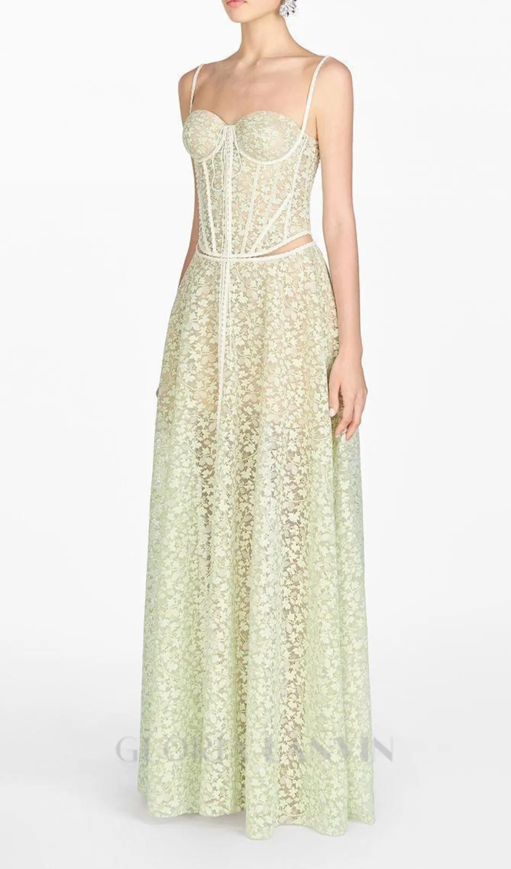 TESS LACE STITCHING HOLLOW SLIT MAXI DRESS IN GREEN Gloria Lanvin