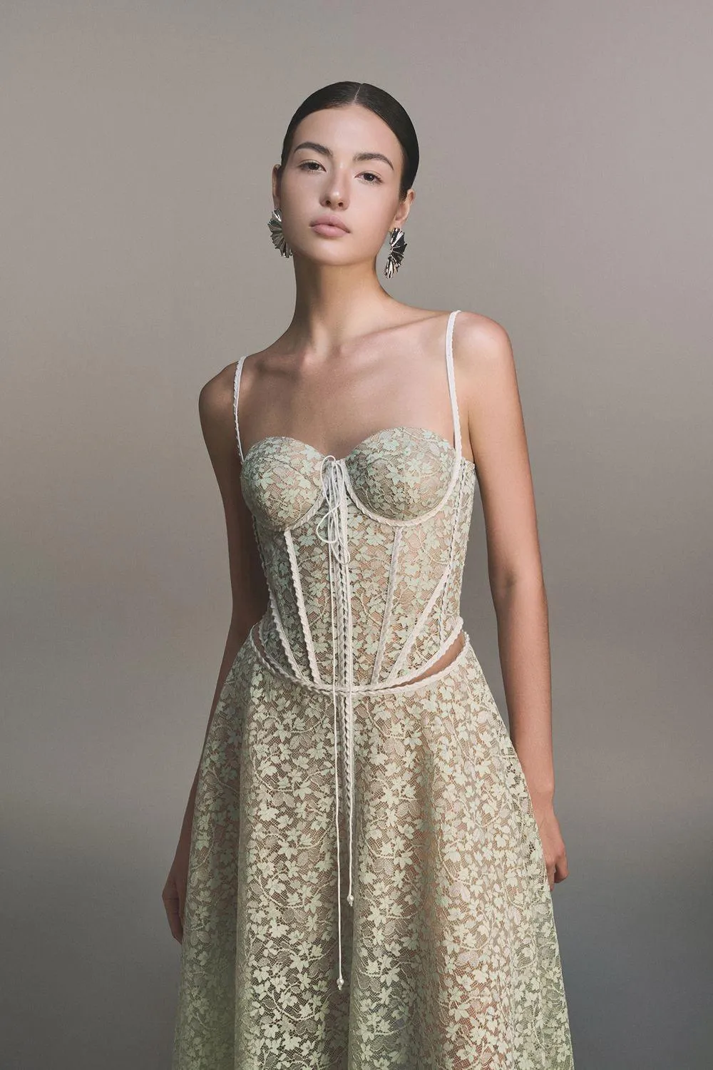 TESS LACE STITCHING HOLLOW SLIT MAXI DRESS IN GREEN Gloria Lanvin