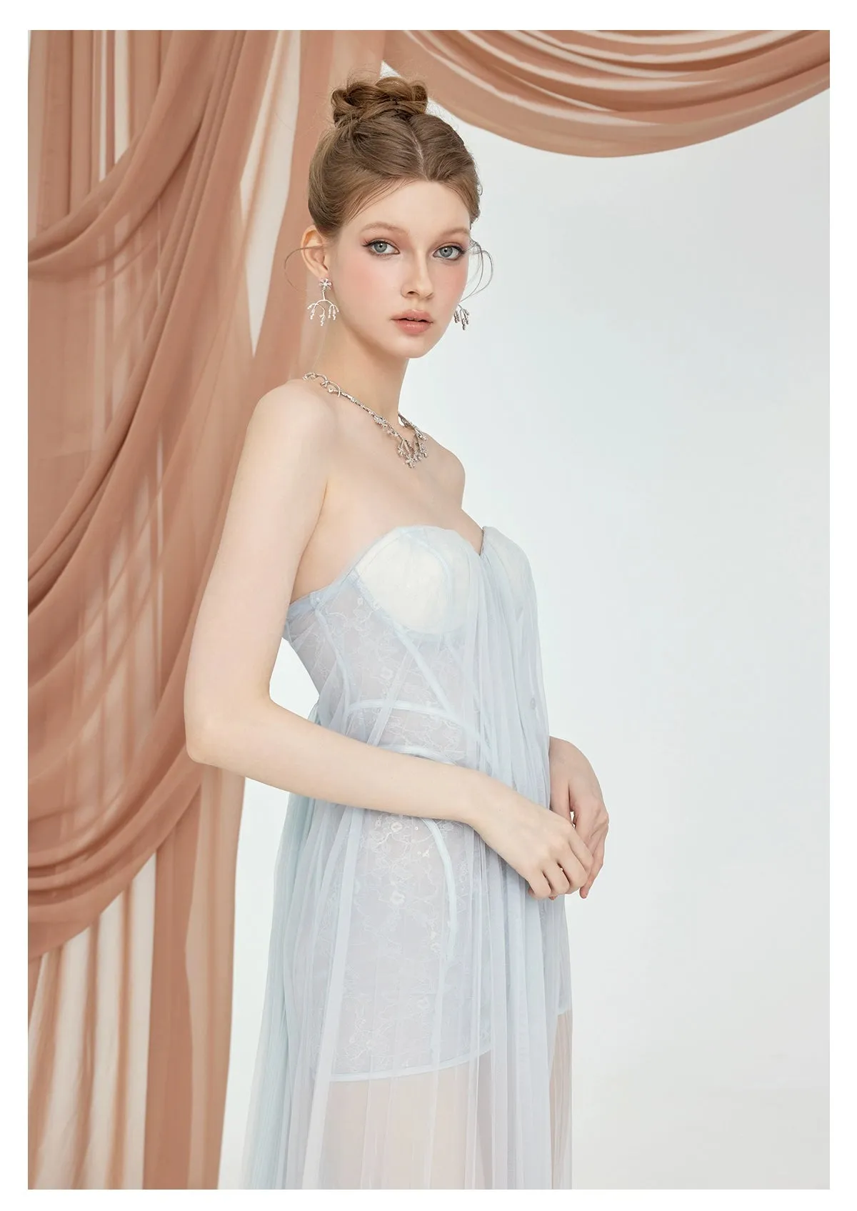 Thea Strapless Mesh Backless maxi Dress in light blue Gloria Lanvin