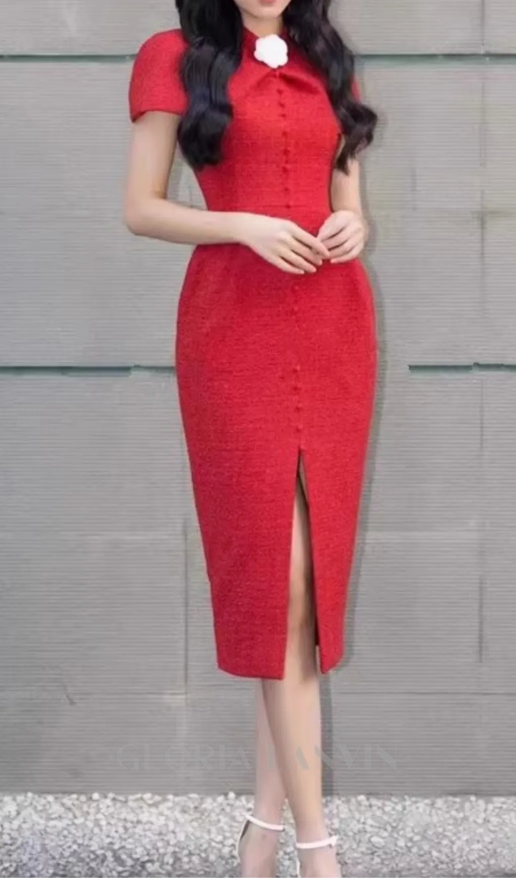 THERA HIGH COLLAR SINGLE BREASTED MIDI DRESS IN RED Gloria Lanvin