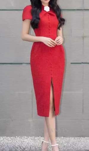 THERA HIGH COLLAR SINGLE BREASTED MIDI DRESS IN RED Gloria Lanvin