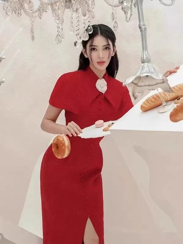 THERA HIGH COLLAR SINGLE BREASTED MIDI DRESS IN RED Gloria Lanvin