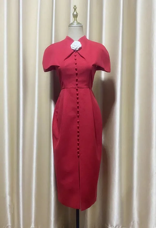 THERA HIGH COLLAR SINGLE BREASTED MIDI DRESS IN RED Gloria Lanvin
