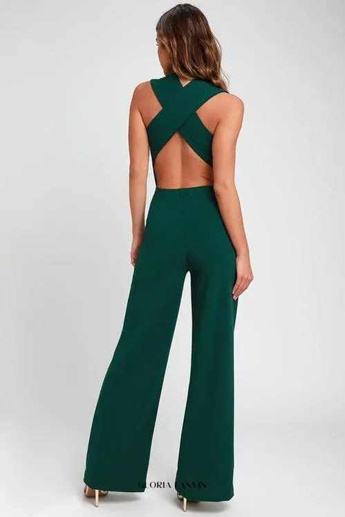 Thinking Out Loud Hunter Green Backless Jumpsuit Gloria Lanvin