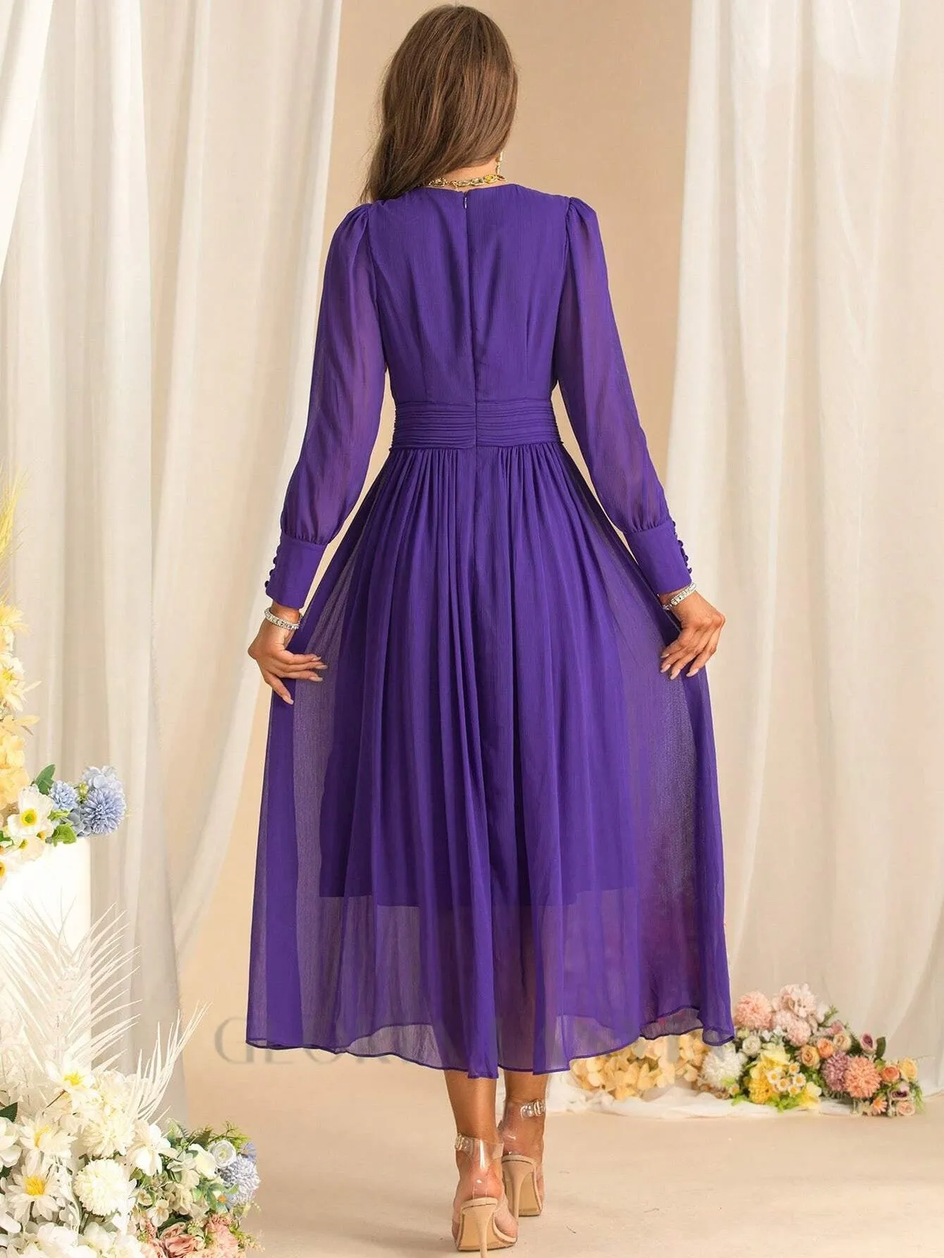 three-dimensional flower v-neck purple chiffon maxi dress Gloria Lanvin