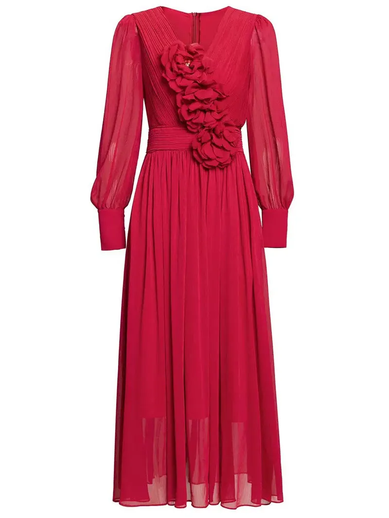 three-dimensional flower v-neck purple chiffon maxi dress Gloria Lanvin