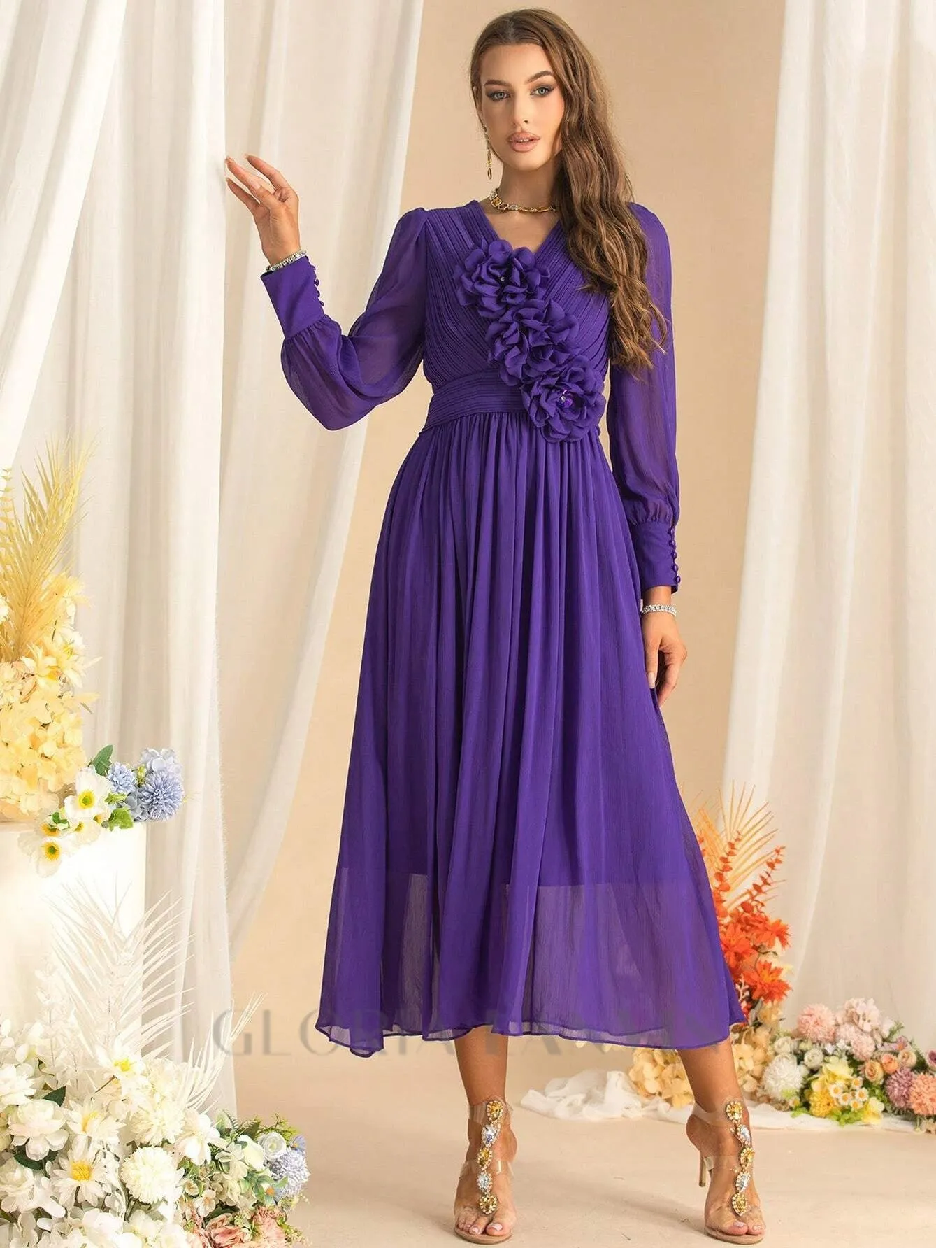 three-dimensional flower v-neck purple chiffon maxi dress Gloria Lanvin