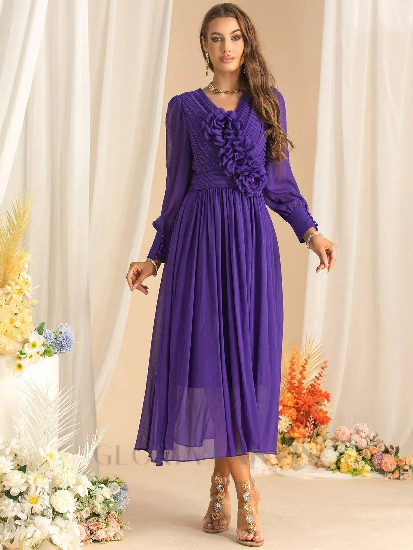 three-dimensional flower v-neck purple chiffon maxi dress Gloria Lanvin