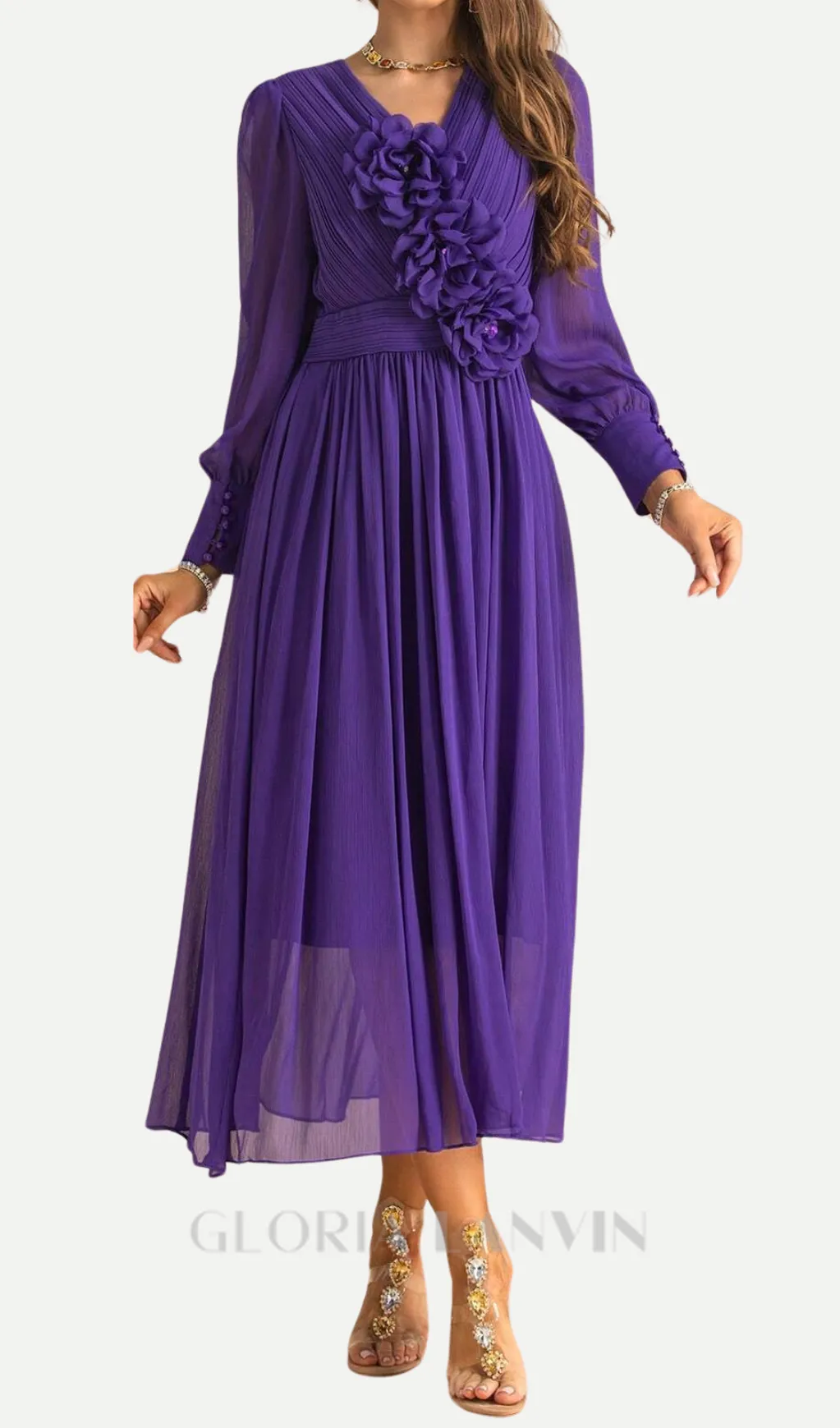 three-dimensional flower v-neck purple chiffon maxi dress Gloria Lanvin