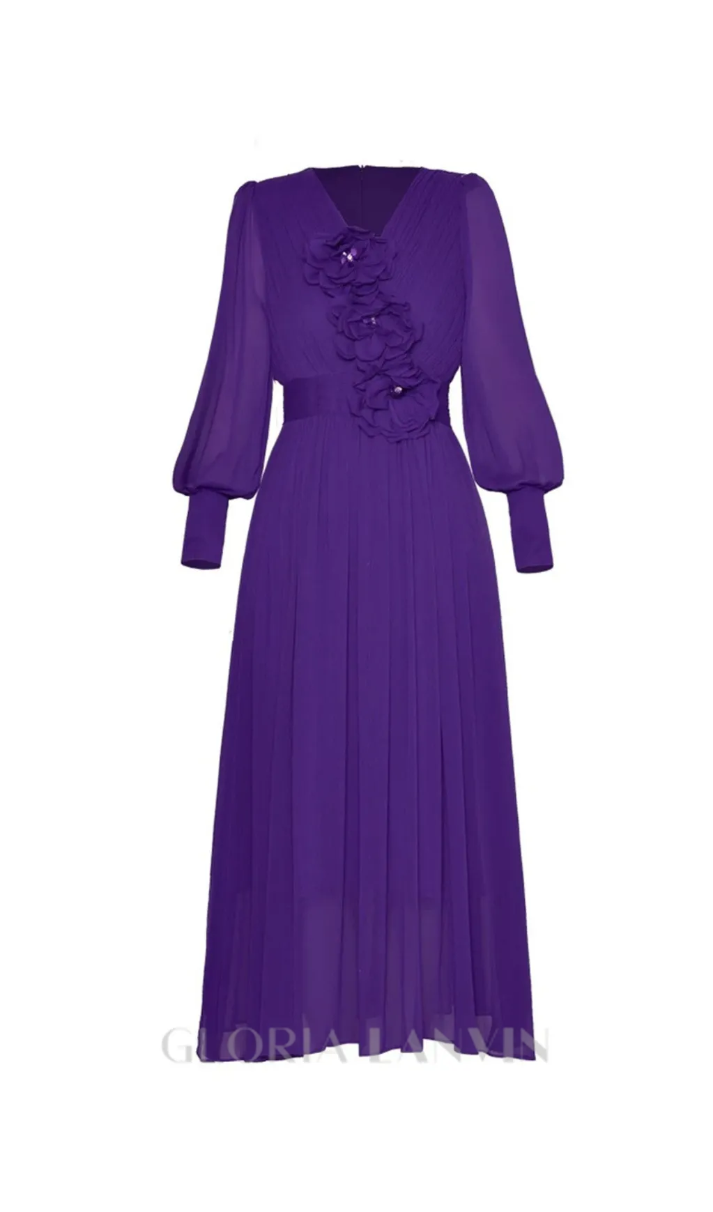 three-dimensional flower v-neck purple chiffon maxi dress Gloria Lanvin