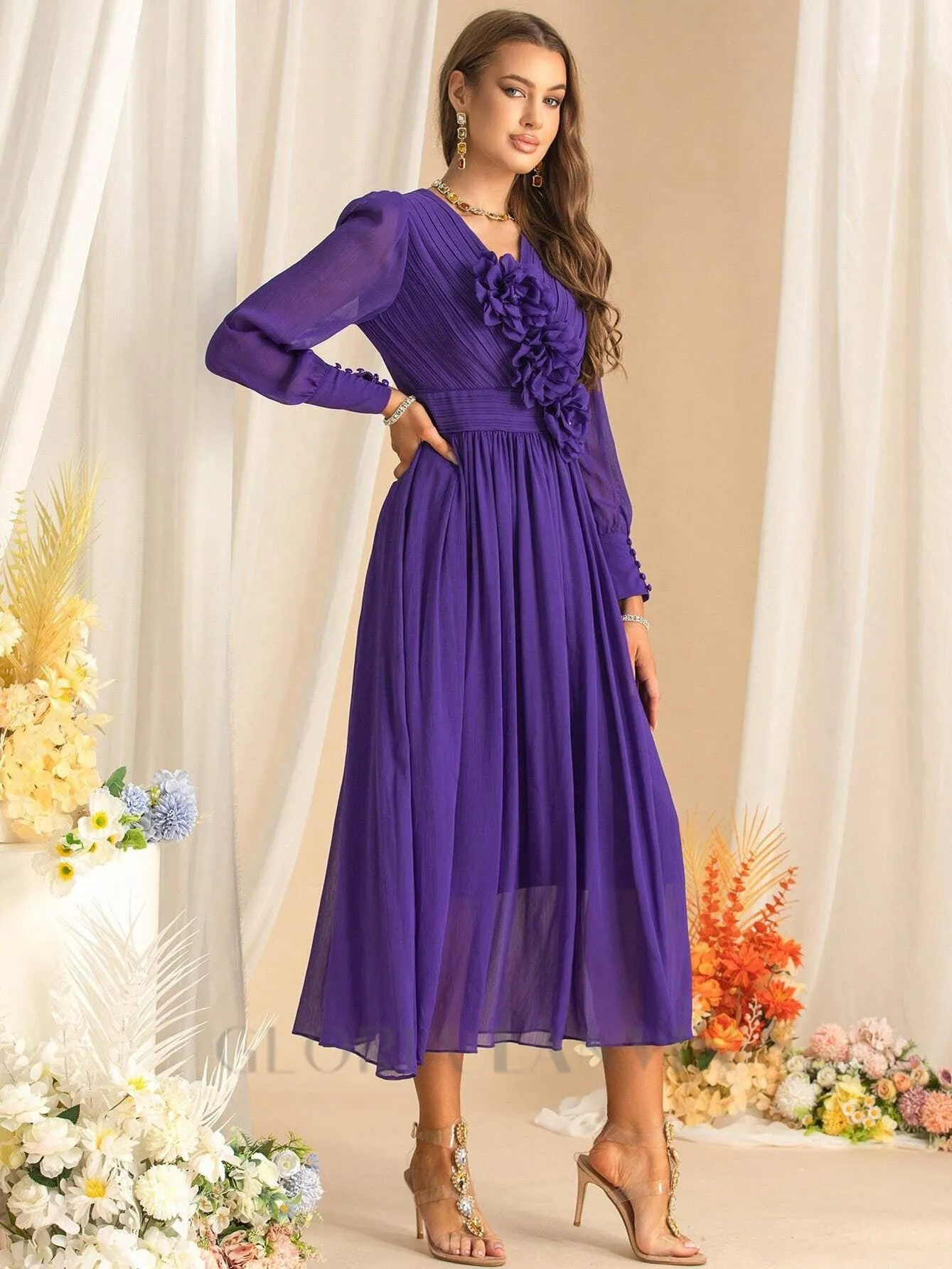 three-dimensional flower v-neck purple chiffon maxi dress Gloria Lanvin