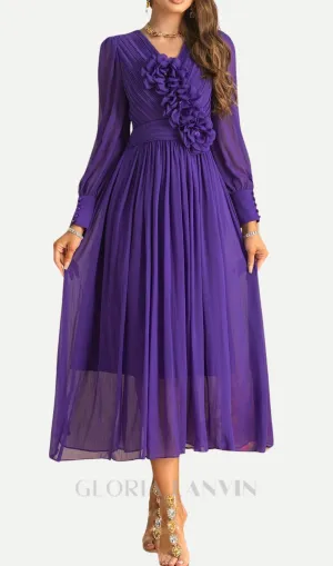 three-dimensional flower v-neck purple chiffon maxi dress Gloria Lanvin