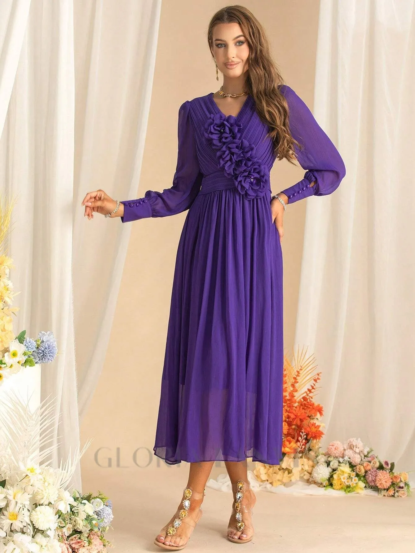 three-dimensional flower v-neck purple chiffon maxi dress Gloria Lanvin