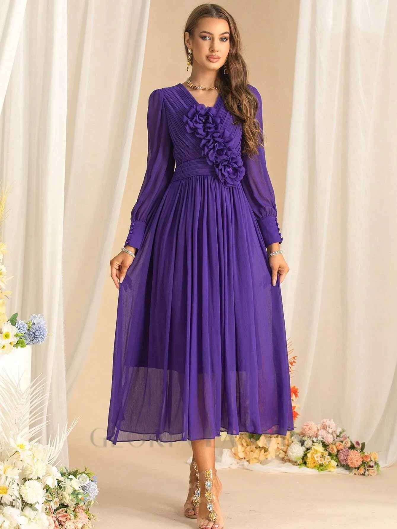 three-dimensional flower v-neck purple chiffon maxi dress Gloria Lanvin