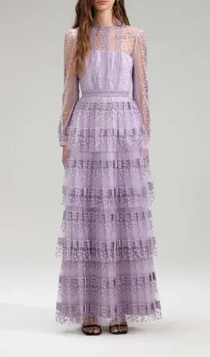 TIERED LACE MAXI DRESS IN LILAC Gloria Lanvin