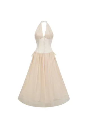 tiffany halterneck tulle overlay maxi dress in apricot Gloria Lanvin