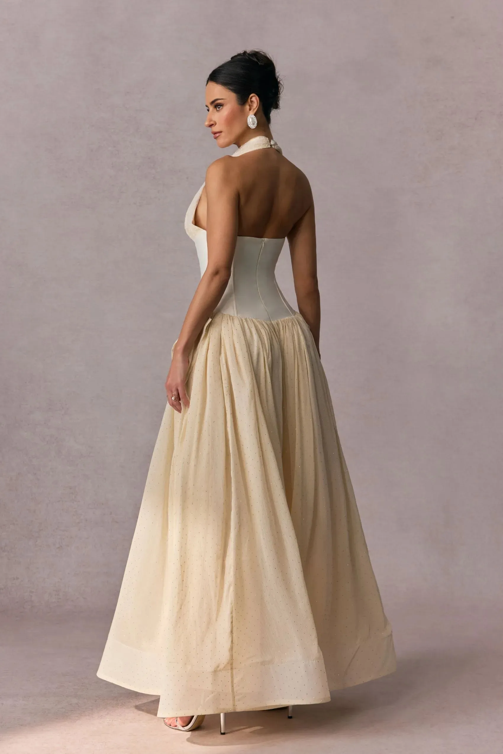 tiffany halterneck tulle overlay maxi dress in apricot Gloria Lanvin