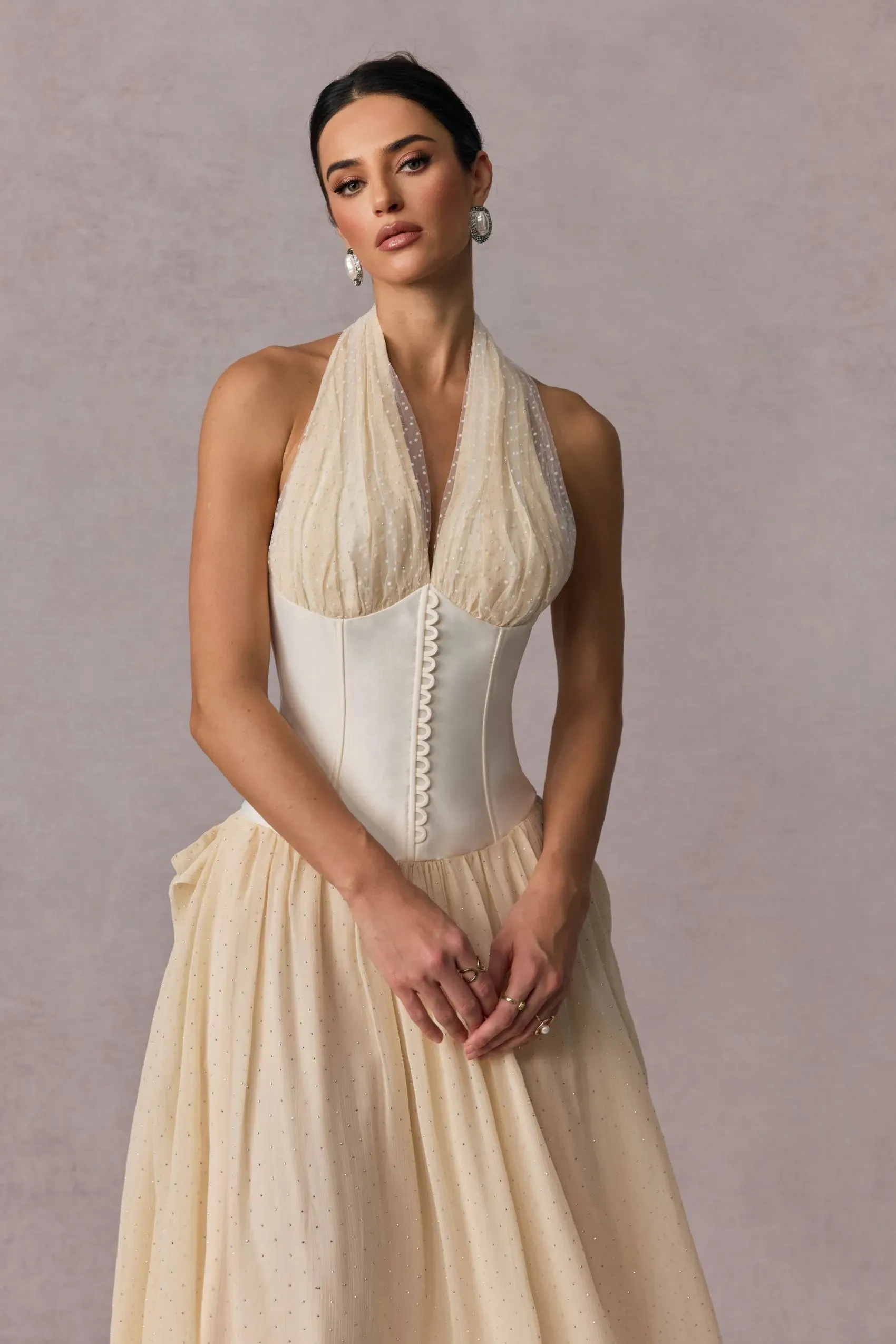 tiffany halterneck tulle overlay maxi dress in apricot Gloria Lanvin