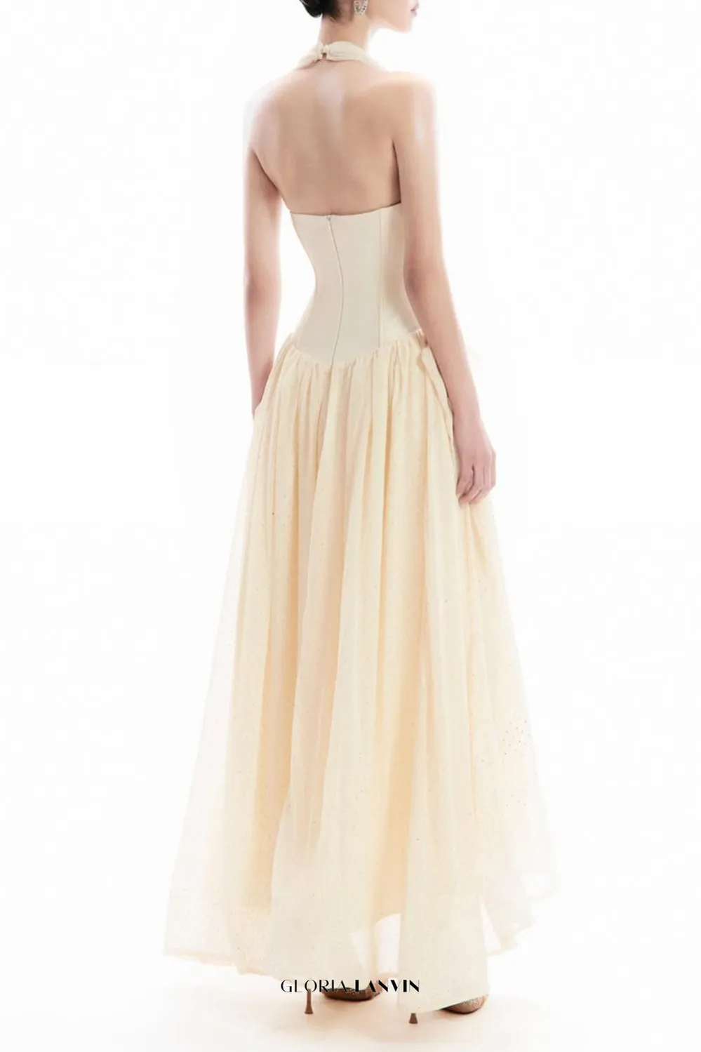 tiffany halterneck tulle overlay maxi dress in apricot Gloria Lanvin