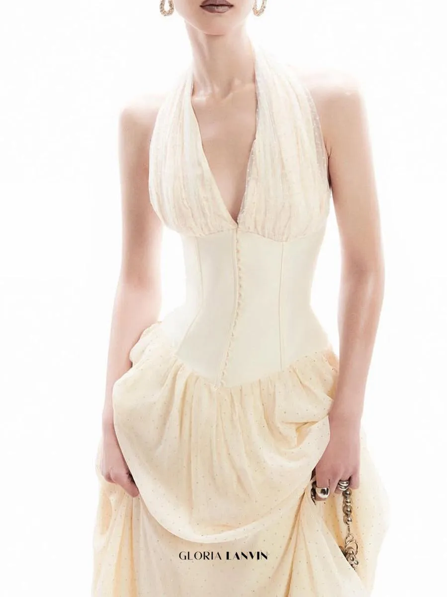 tiffany halterneck tulle overlay maxi dress in apricot Gloria Lanvin