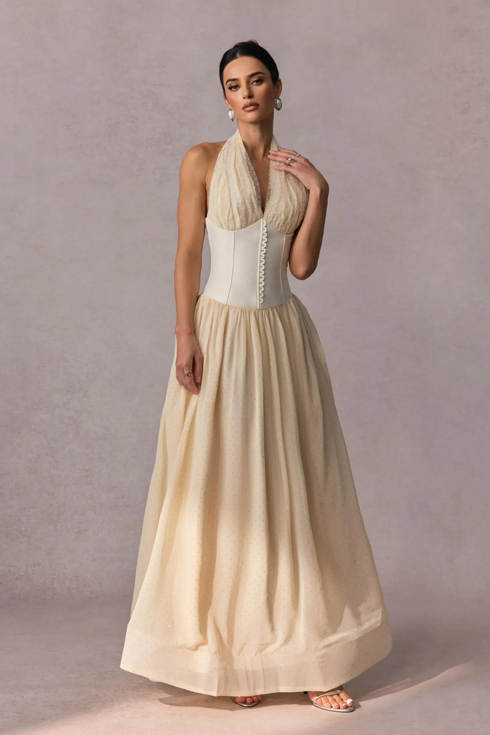 tiffany halterneck tulle overlay maxi dress in apricot Gloria Lanvin