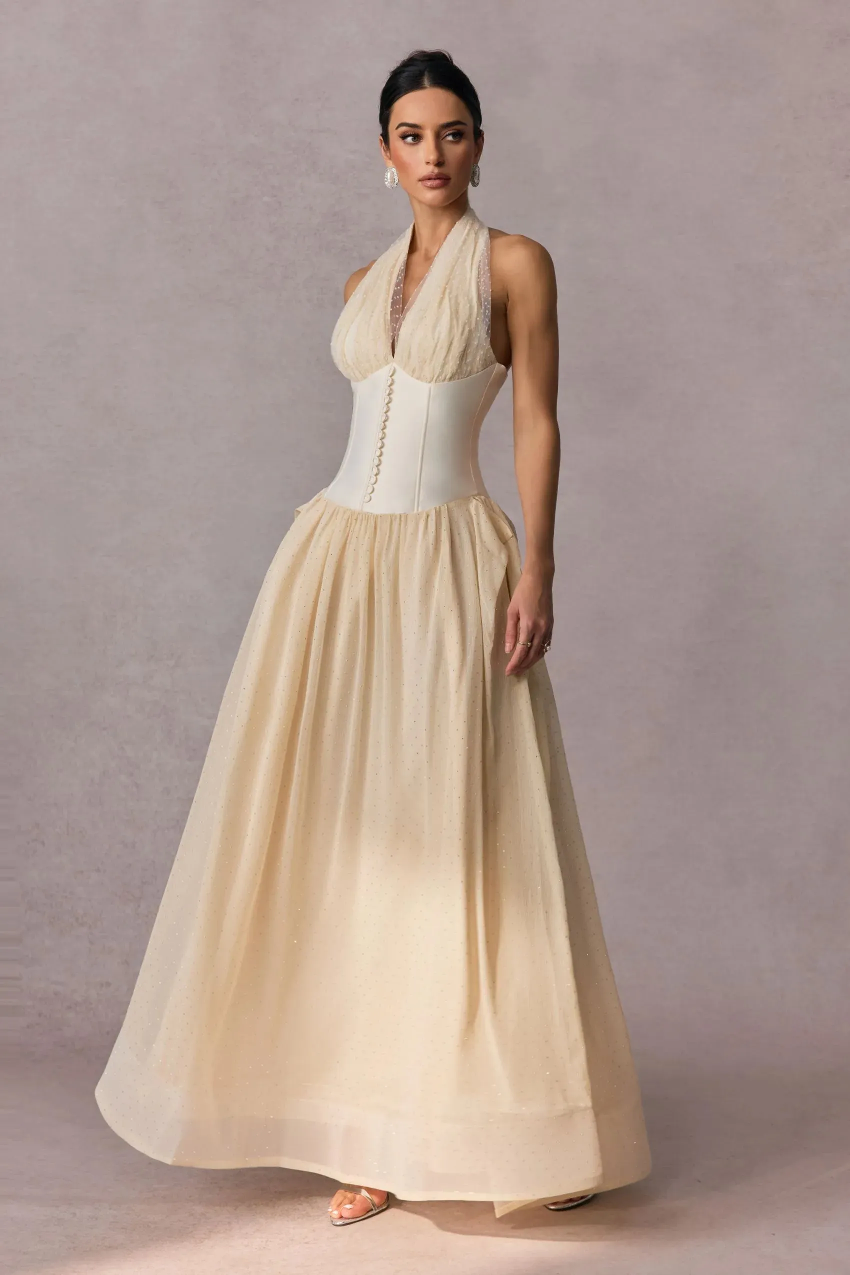 tiffany halterneck tulle overlay maxi dress in apricot Gloria Lanvin