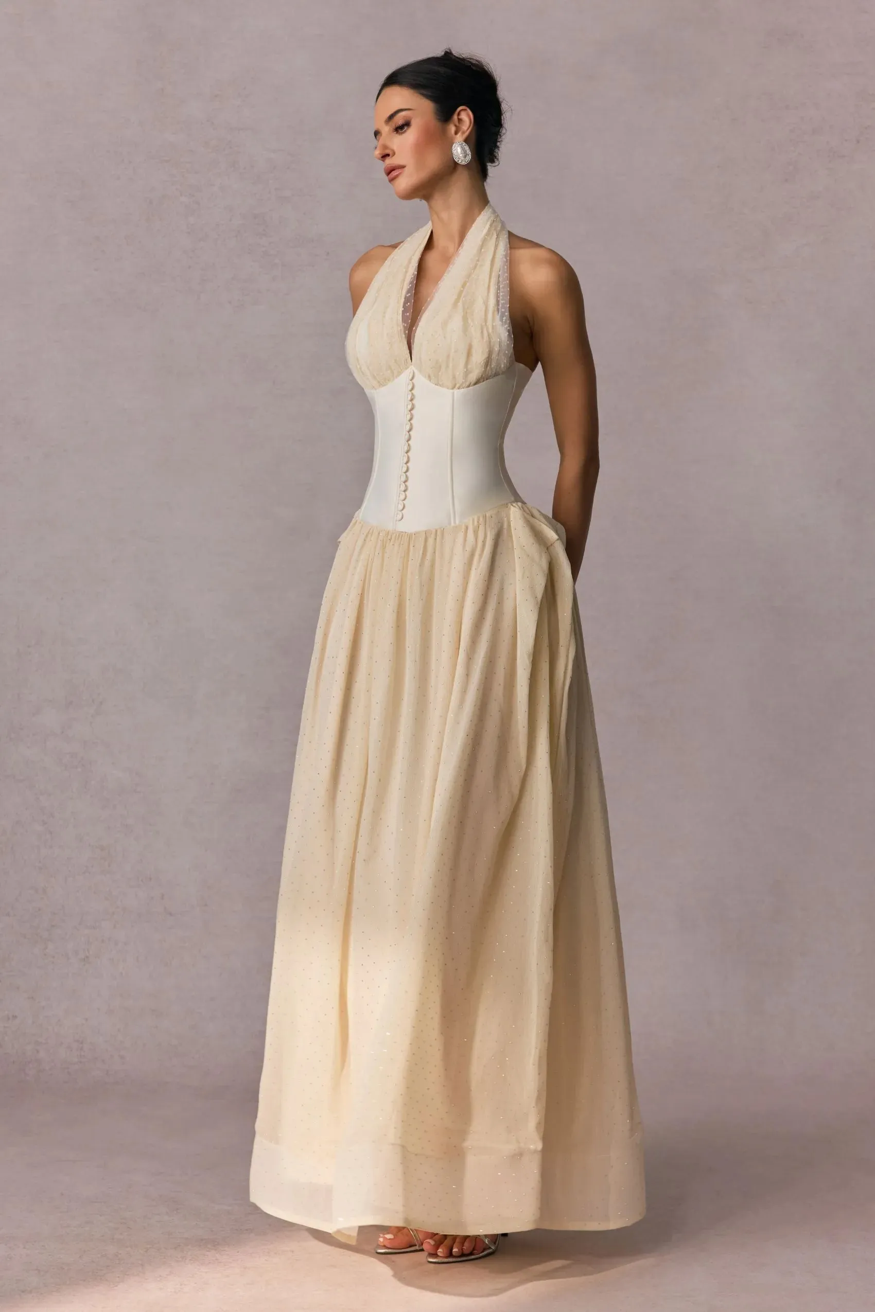 tiffany halterneck tulle overlay maxi dress in apricot Gloria Lanvin