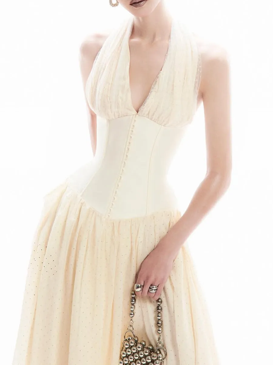 tiffany halterneck tulle overlay maxi dress in apricot Gloria Lanvin