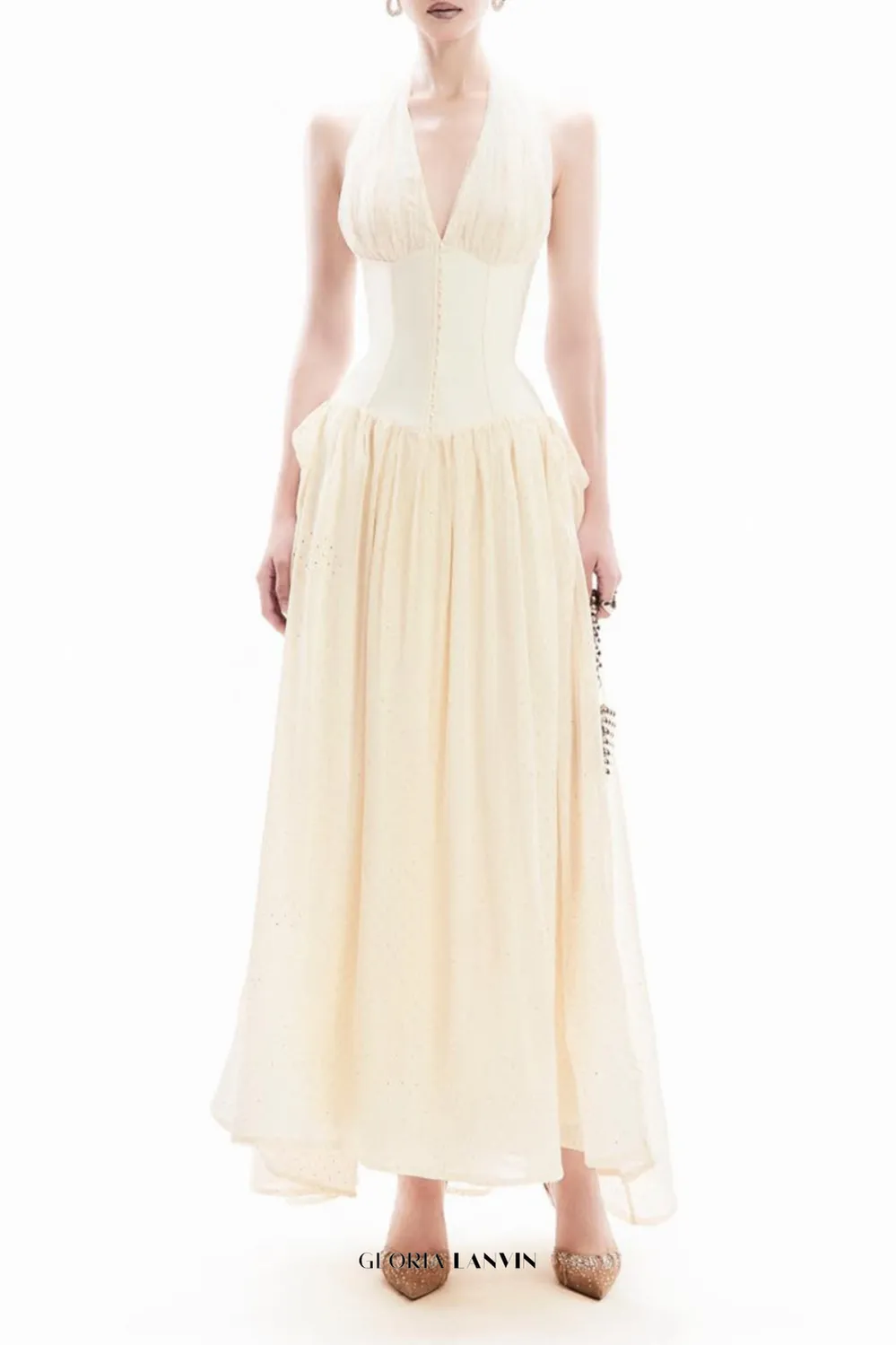 tiffany halterneck tulle overlay maxi dress in apricot Gloria Lanvin